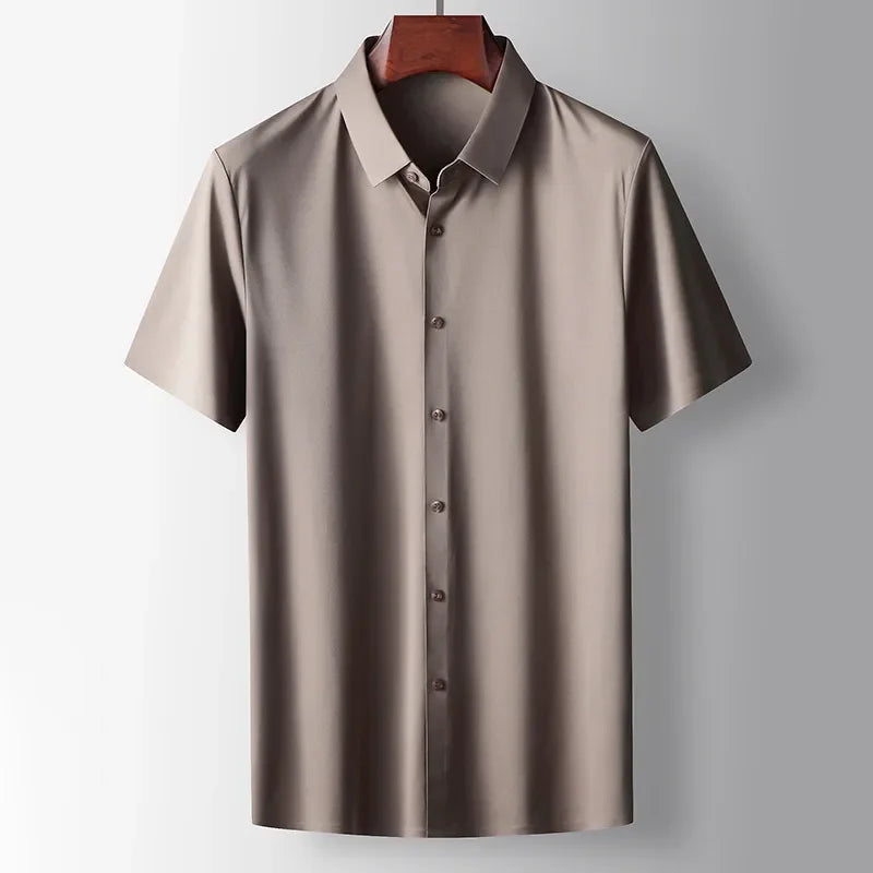 Men's brown lightweight silk blend short sleeve shirt featuring a relaxed silhouette, button fastening and soft breathable fabric by ILYNORA