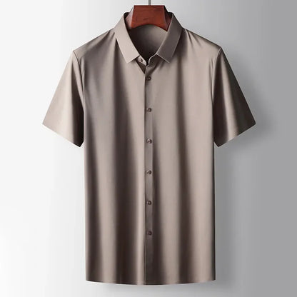 Men's brown lightweight silk blend short sleeve shirt featuring a relaxed silhouette, button fastening and soft breathable fabric by ILYNORA