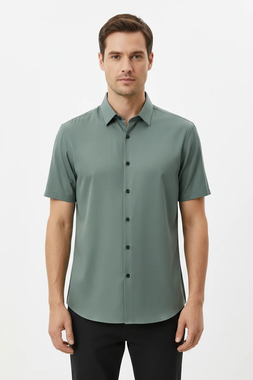 Men's green lightweight silk blend short sleeve shirt with classic collar, button front and breathable relaxed fit by ILYNORA