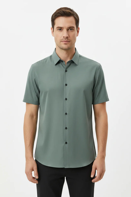 Men's green lightweight silk blend short sleeve shirt with classic collar, button front and breathable relaxed fit by ILYNORA