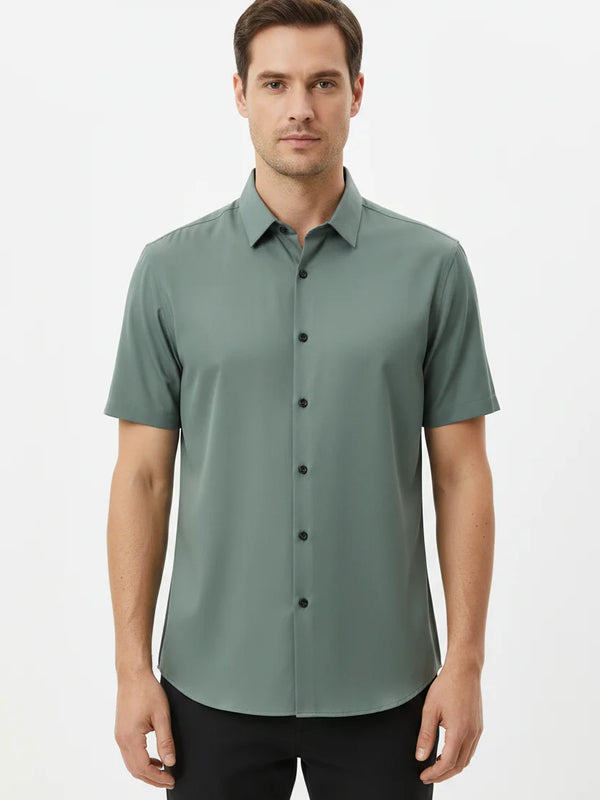 Men's green lightweight silk blend short sleeve shirt with classic collar, button front and breathable relaxed fit by ILYNORA