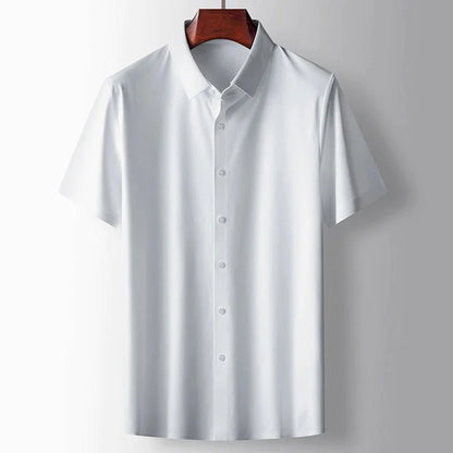 Men's white lightweight silk blend short sleeve shirt with classic collar, button front and breathable relaxed summer fit by ILYNORA