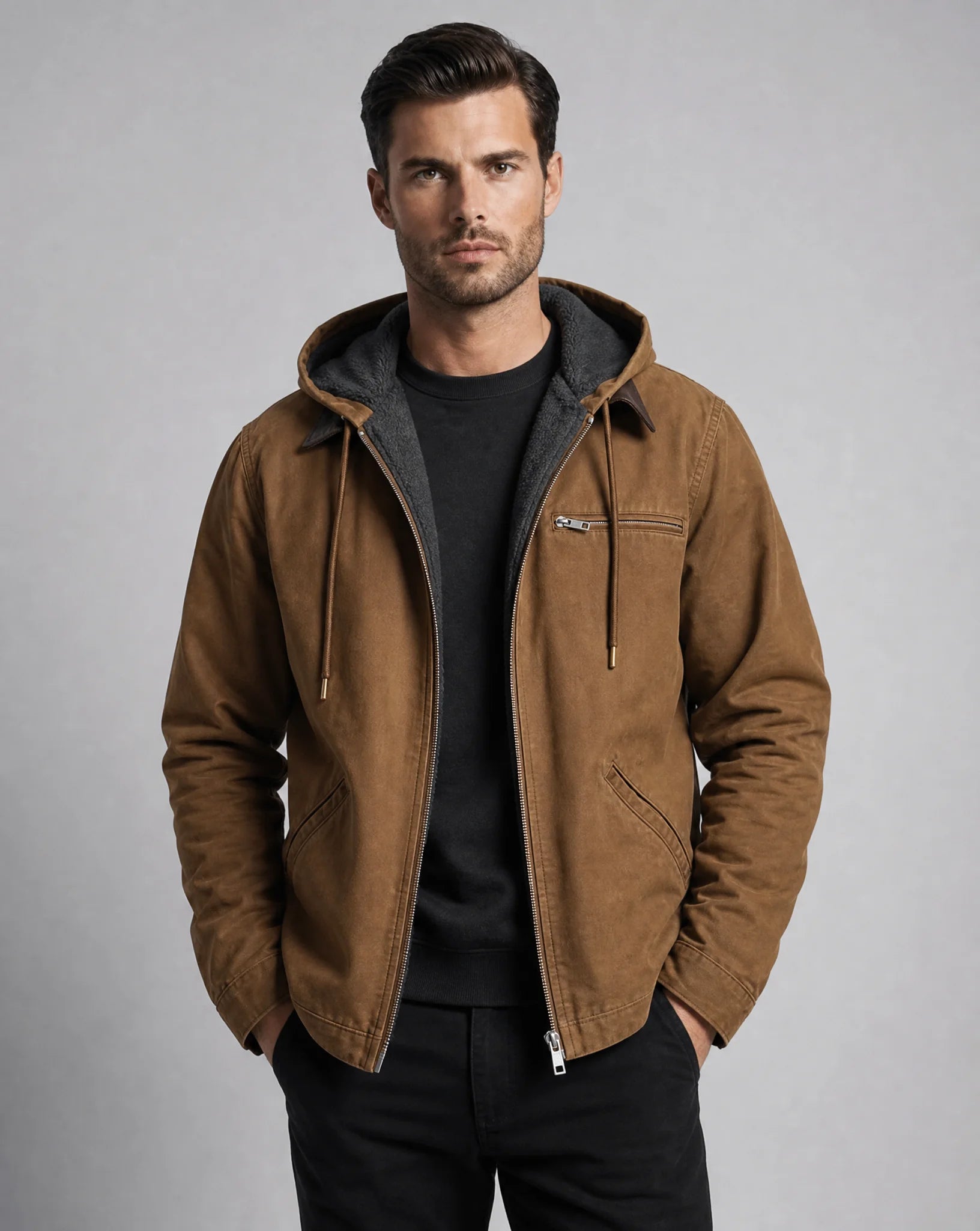 ILYNORA men's brown lined hooded winter jacket with zip closure and warm fleece lining