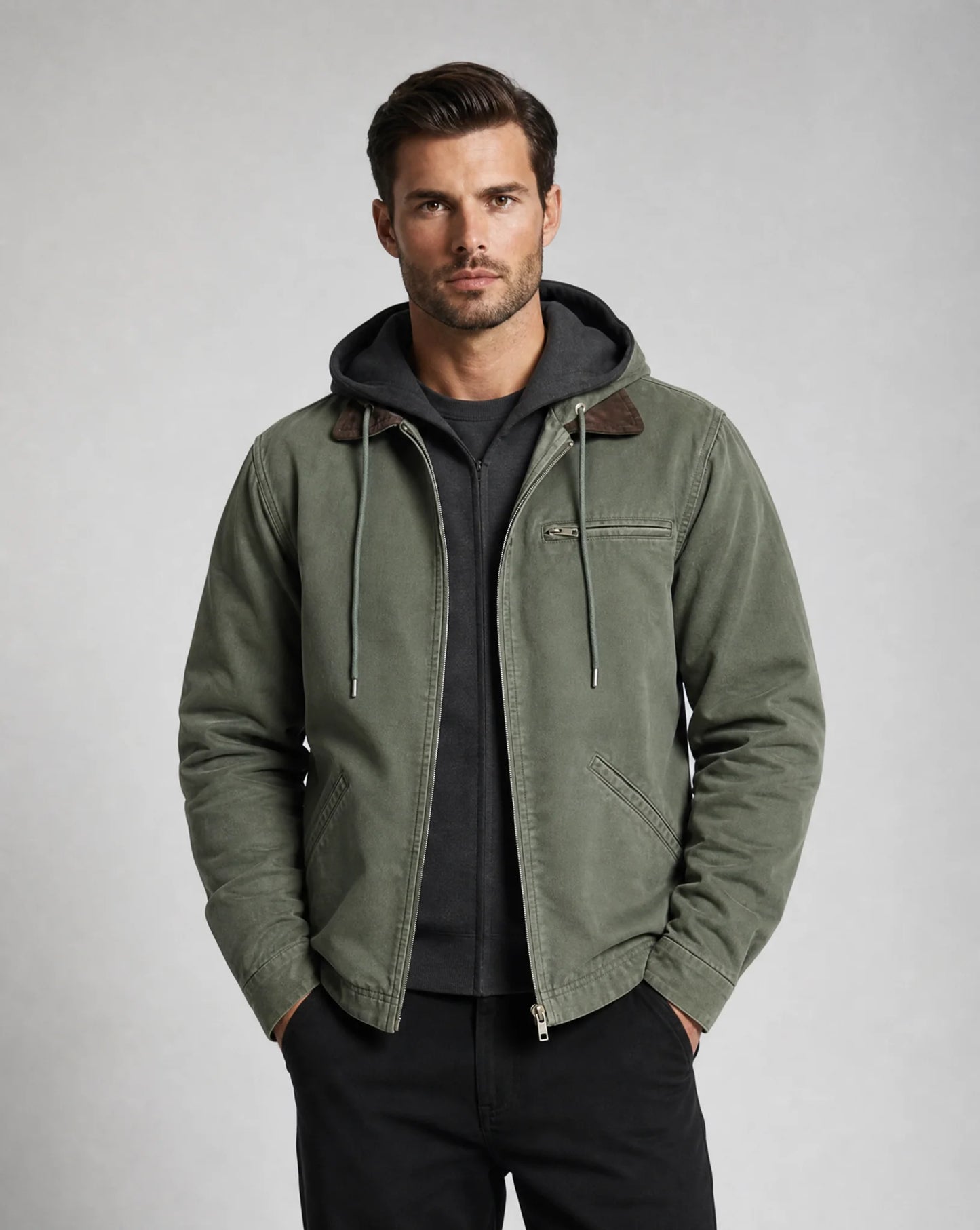 ILYNORA men's green lined hooded winter jacket with insulated design and zip pockets