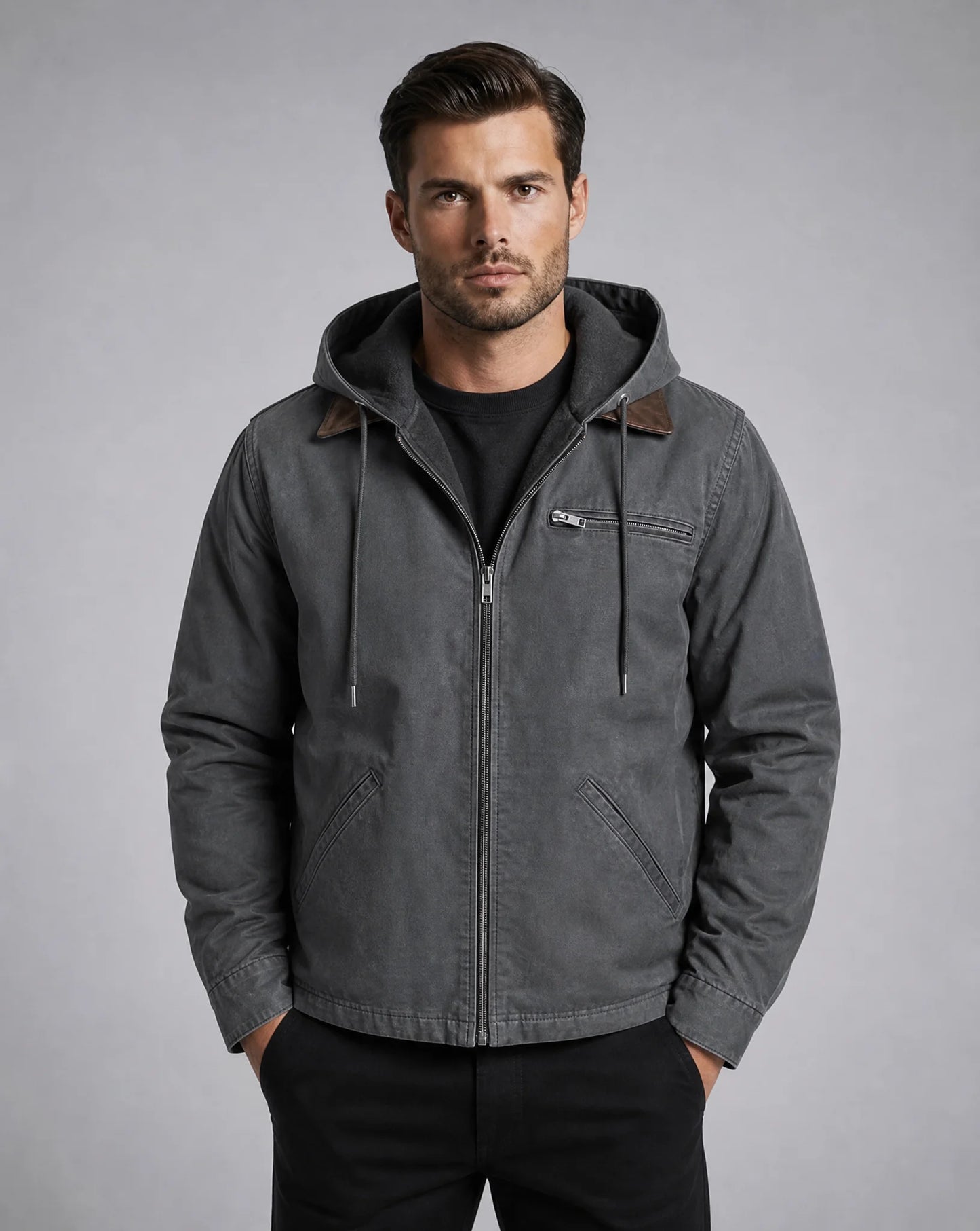 ILYNORA men's grey lined hooded winter jacket with insulated hood and zip fastening