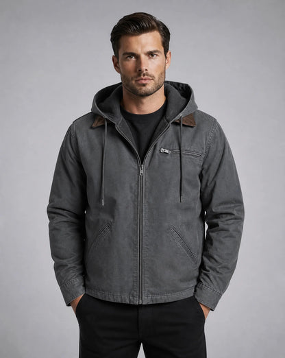 ILYNORA men's grey lined hooded winter jacket with insulated hood and zip fastening