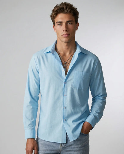 Blue linen shirt for men by Ilynora, front view with relaxed summer fit and button-down design