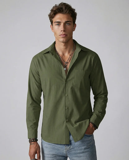 Green linen shirt for men by Ilynora, front view with relaxed fit and classic summer style