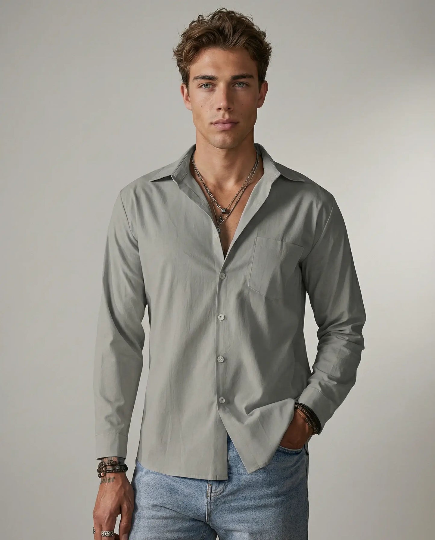 Grey linen shirt for men by Ilynora, front view with clean silhouette and breathable feel