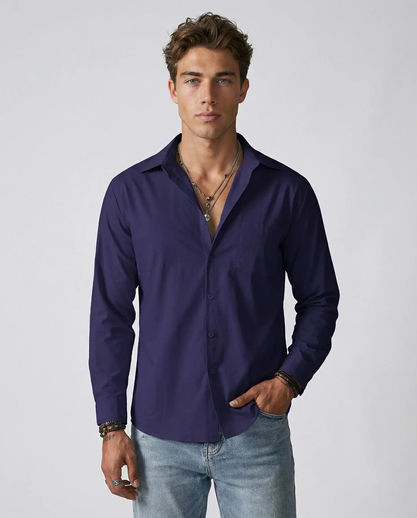 Navy linen shirt for men by Ilynora, front view with refined look and lightweight fabric
