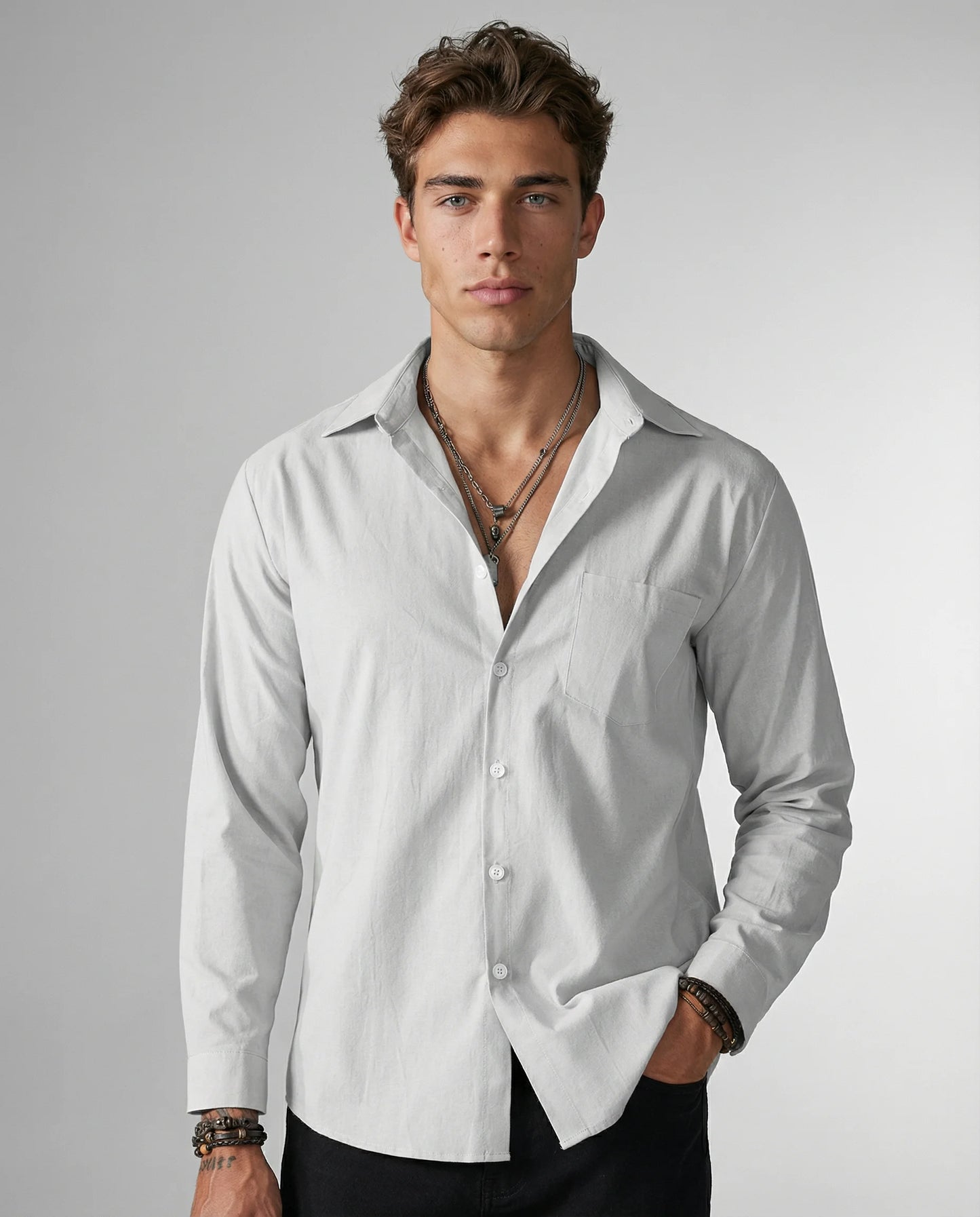 White linen shirt for men by Ilynora, front view with relaxed fit and classic collar