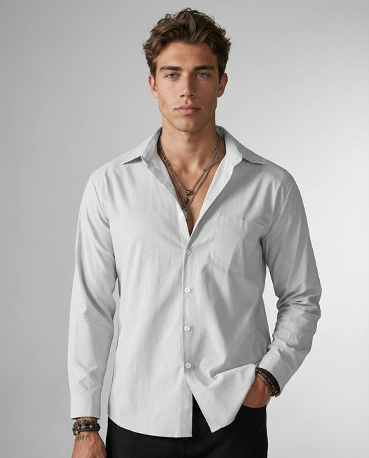 White linen shirt for men by Ilynora, front view with relaxed fit and classic collar