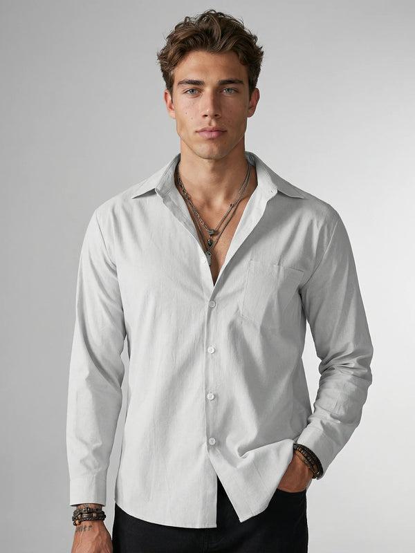 White linen shirt for men by Ilynora, front view with relaxed fit and classic collar