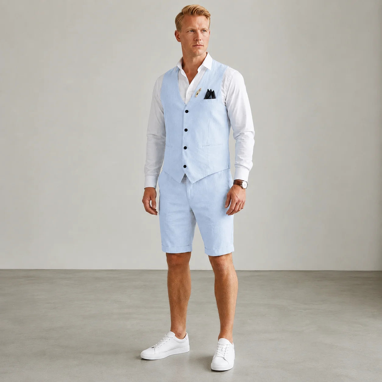Men's light blue linen waistcoat and tailored shorts set with white shirt, elegant summer outfit for weddings and garden parties by ILYNORA