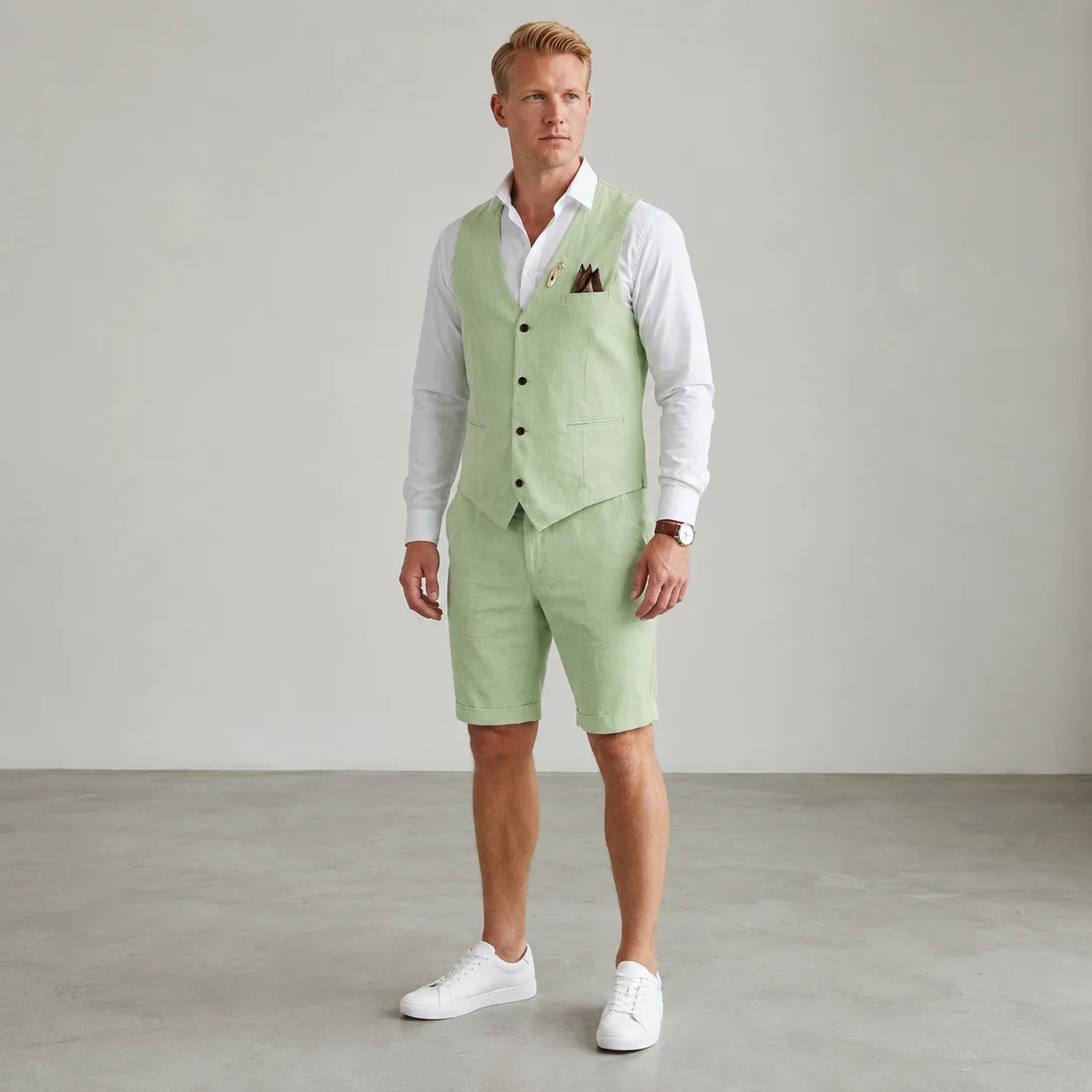 Men's green linen waistcoat and tailored shorts set with white shirt, lightweight summer tailoring and smart wedding style by ILYNORA