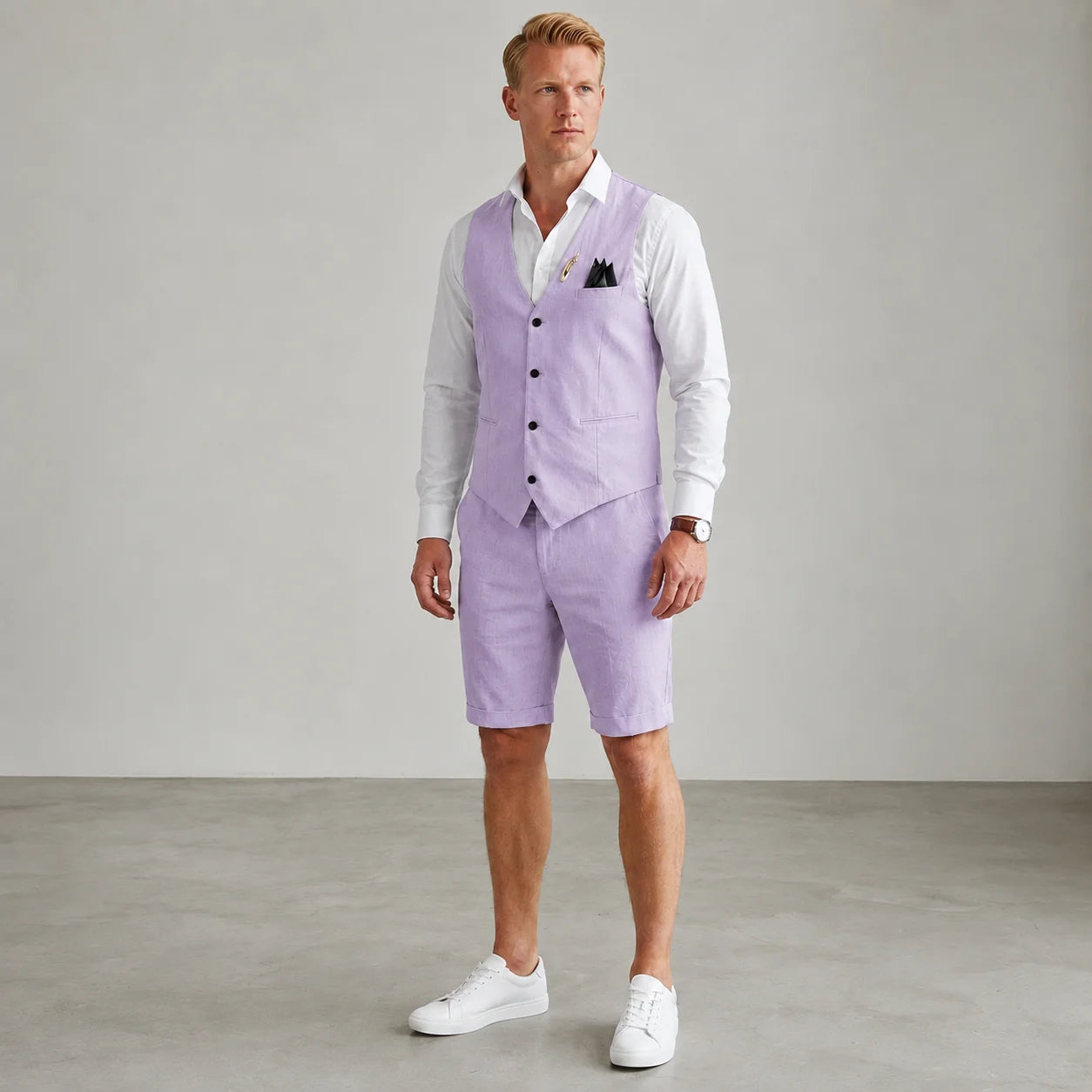 Men's lavender linen waistcoat and tailored shorts set with white shirt, refined summer tailoring for weddings and special occasions by ILYNORA