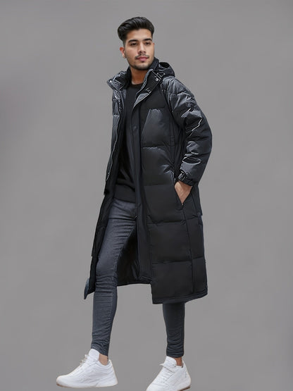Men’s Long Hooded Puffer Coat with Pockets
