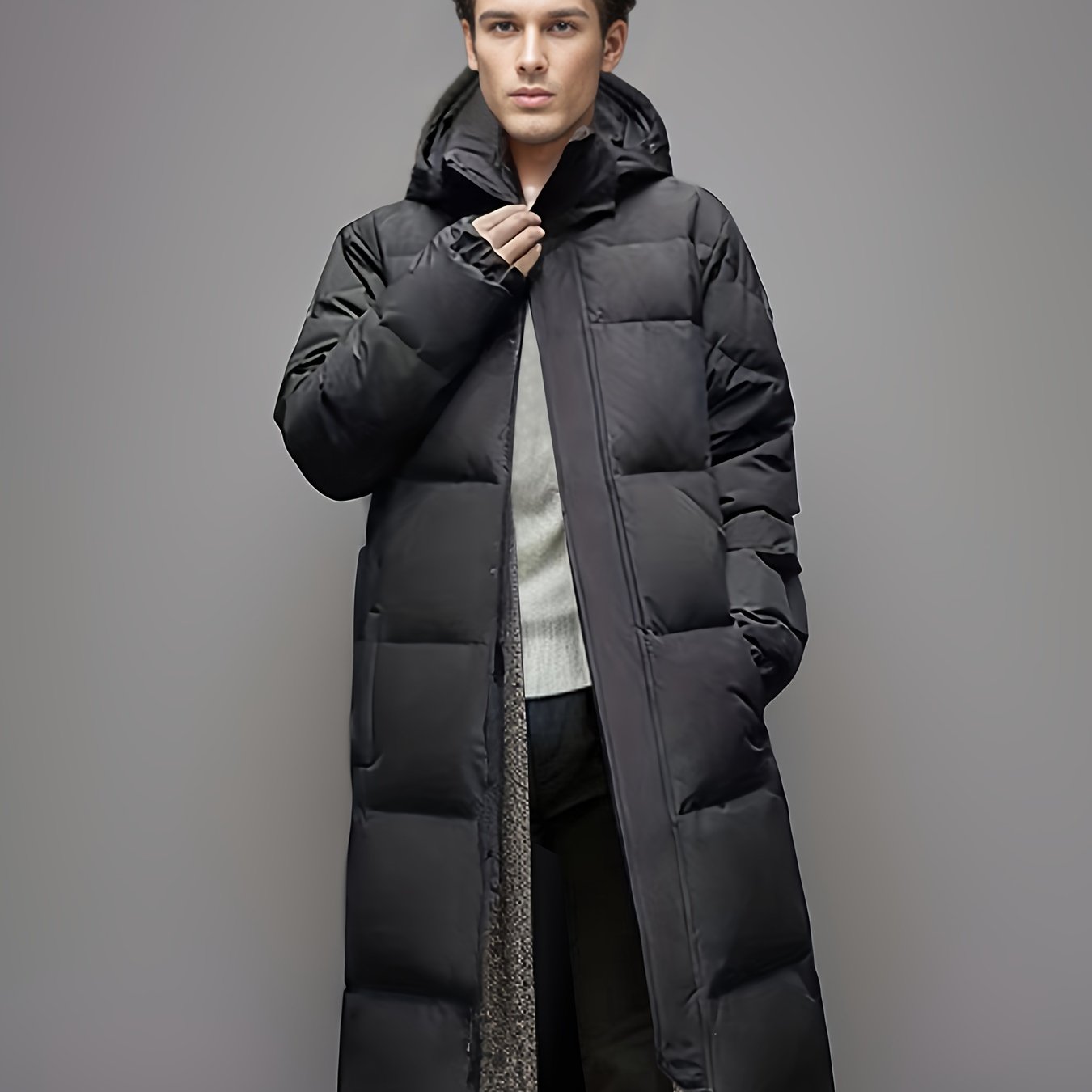Men’s Long Hooded Puffer Coat with Pockets