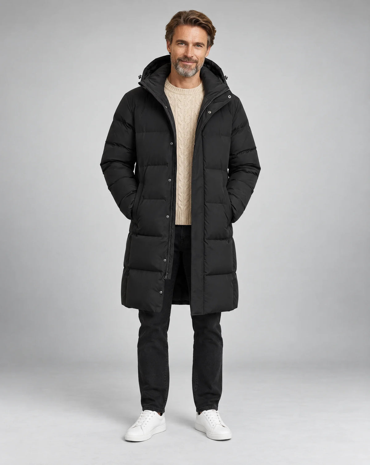 Men’s Long Hooded Puffer Coat with Pockets