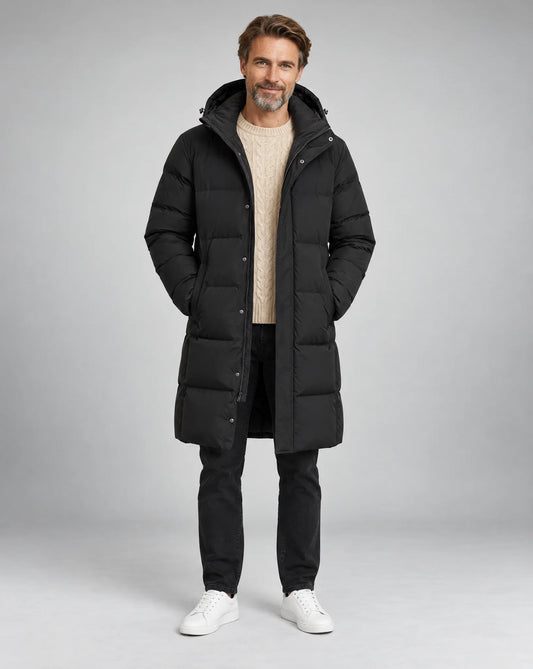 Men’s Long Hooded Puffer Coat with Pockets