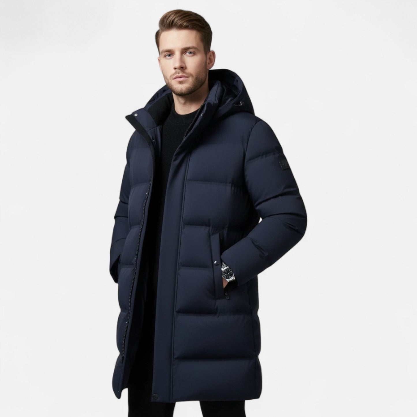 Men’s Long Hooded Puffer Coat with Zip Pockets