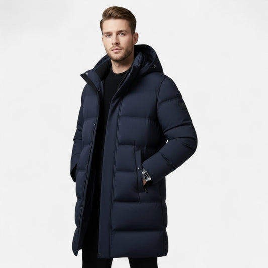 Men’s Long Hooded Puffer Coat with Zip Pockets