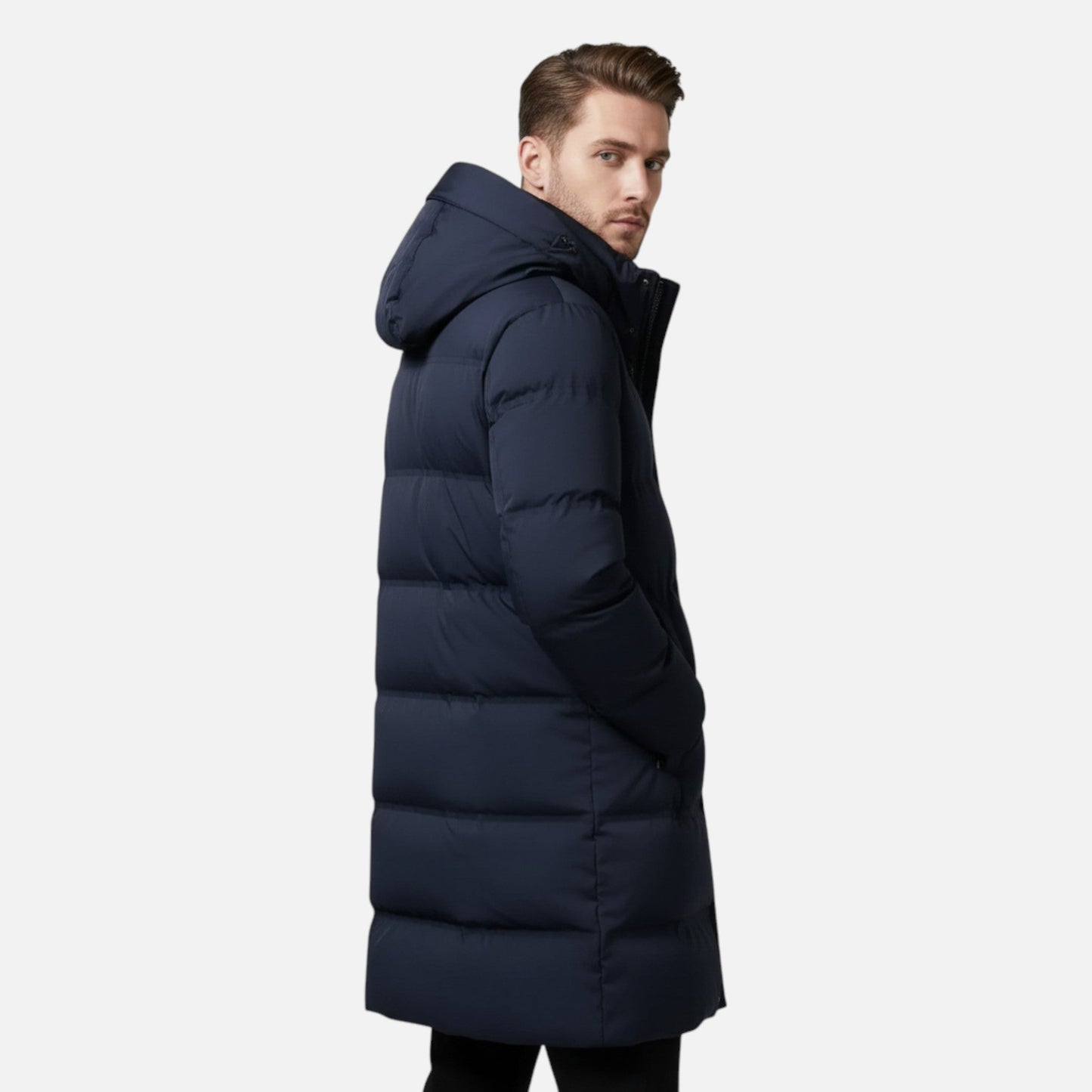 Men’s Long Hooded Puffer Coat with Zip Pockets