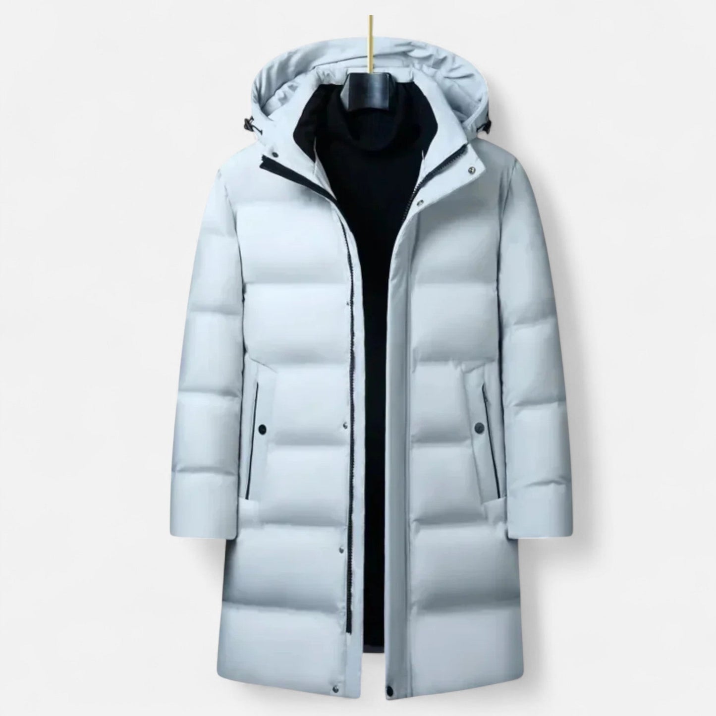 Men’s Long Hooded Puffer Coat with Zip Pockets