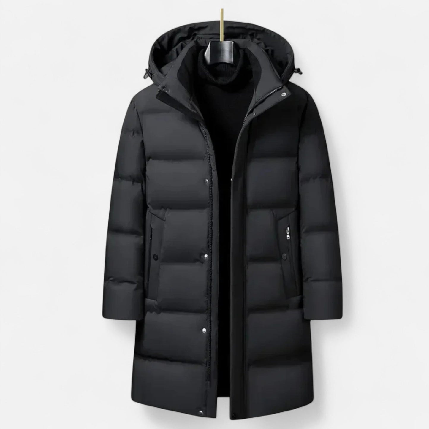 Men’s Long Hooded Puffer Coat with Zip Pockets