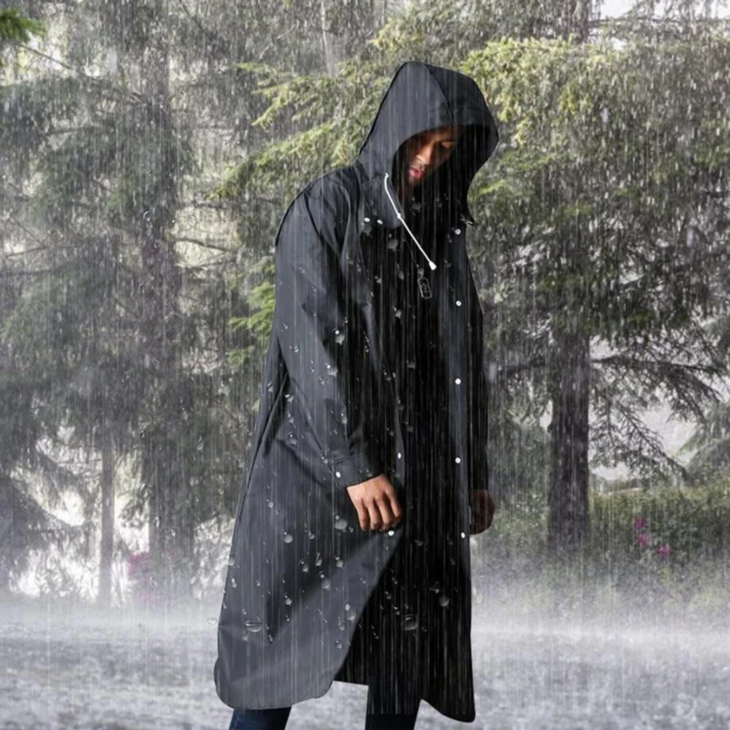Men's Long Waterproof Hooded Rain Jacket