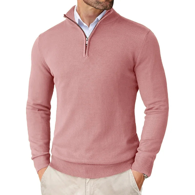 ILYNORA men's pink classic half-zip sweater with smart collar and refined fit for everyday styling