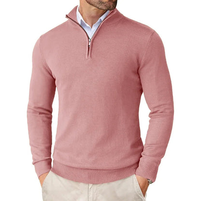 ILYNORA men's pink classic half-zip sweater with smart collar and refined fit for everyday styling