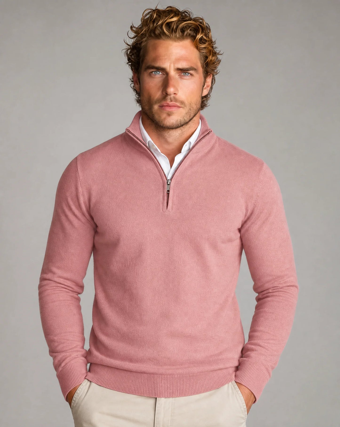 Men's pink half-zip knit sweater by ILYNORA with clean silhouette and sophisticated smart casual style