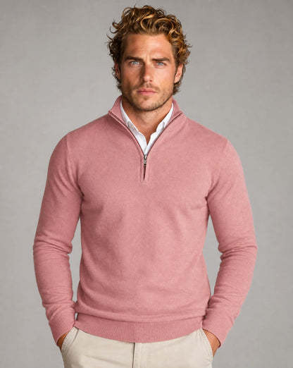 Men's pink half-zip knit sweater by ILYNORA with clean silhouette and sophisticated smart casual style
