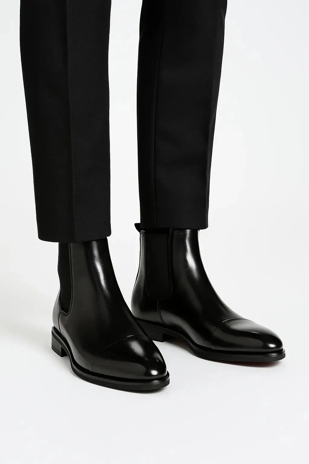 Men's jet black premium leather Chelsea boots with polished finish, elastic side panels and classic smart formal styling by ILYNORA