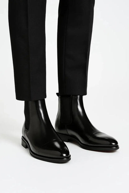 Men's jet black premium leather Chelsea boots with polished finish, elastic side panels and classic smart formal styling by ILYNORA