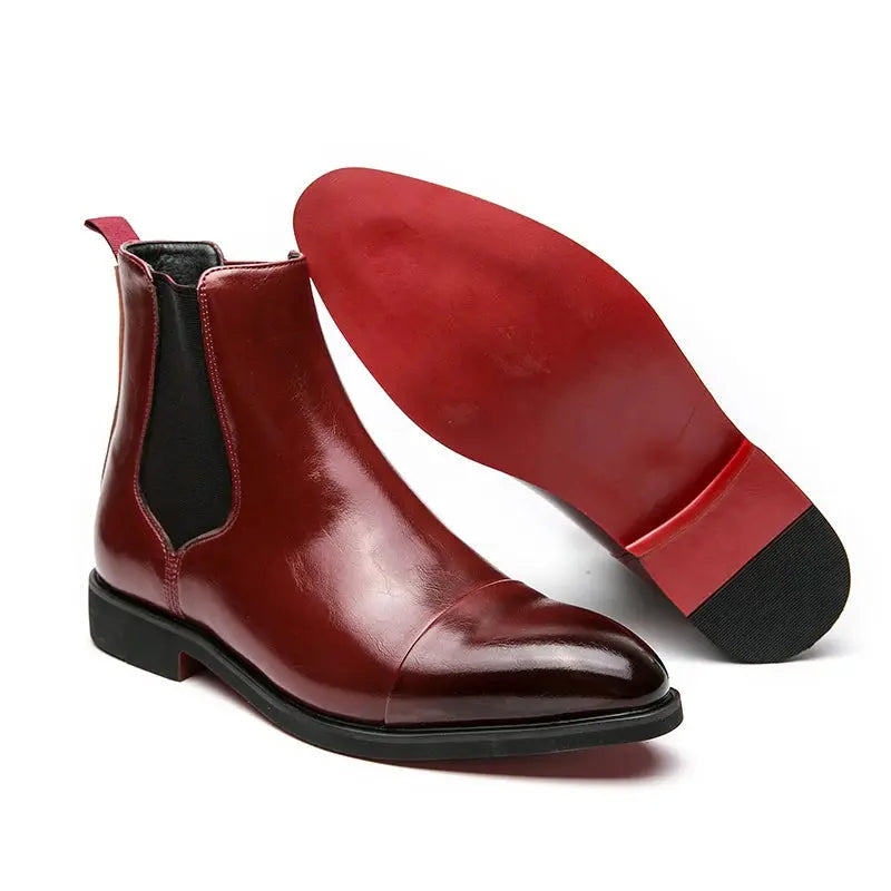Men's maroon red premium leather Chelsea boots showcasing rich leather finish, pull tabs and timeless Chelsea boot design by ILYNORA