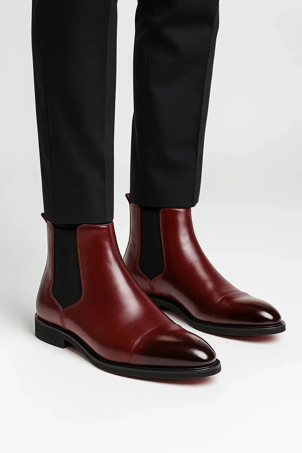 Men's maroon red premium leather Chelsea boots with polished finish, elastic side panels and elegant smart casual styling by ILYNORA