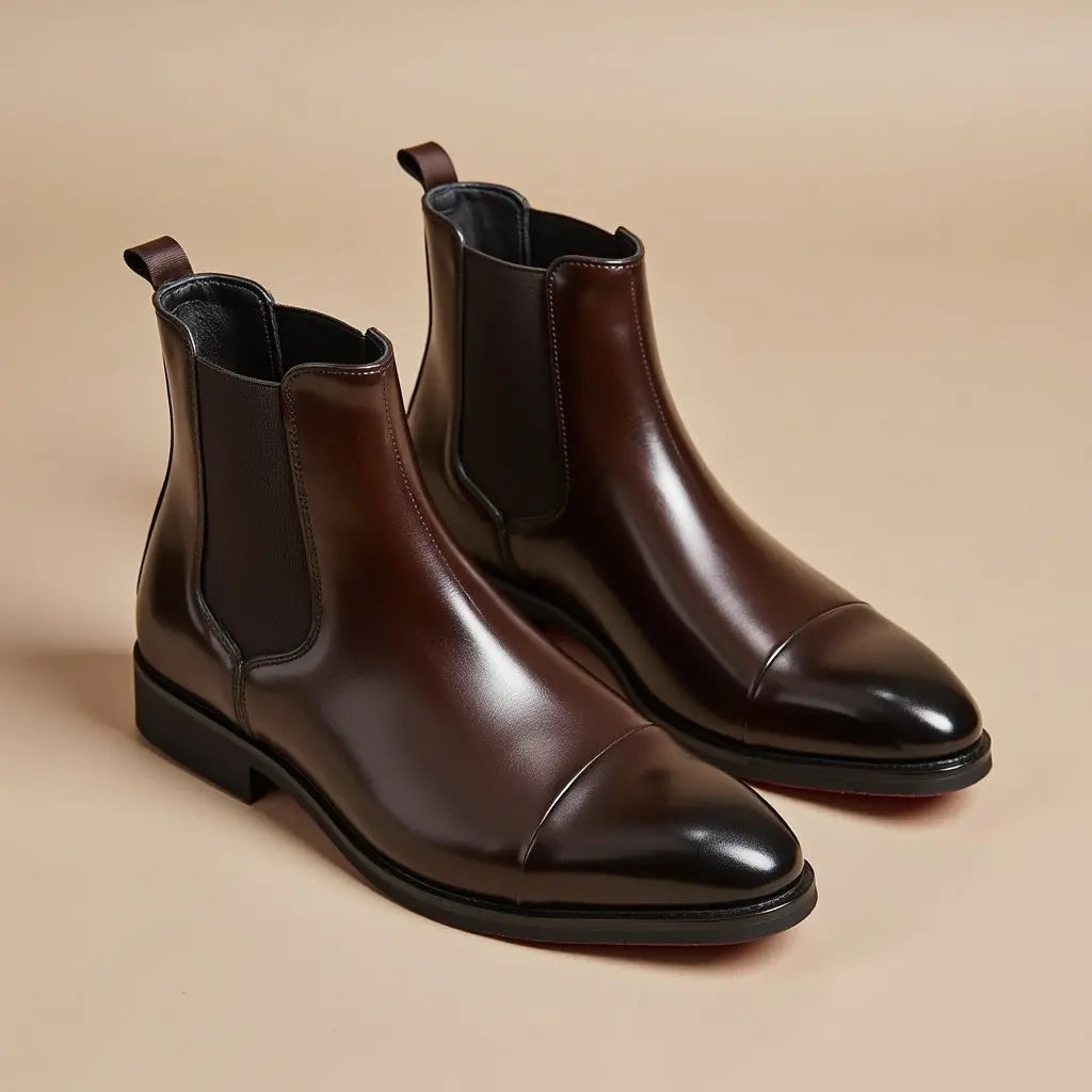 Pair of men's sable brown premium leather Chelsea boots with refined craftsmanship, pull tabs and durable outsole by ILYNORA