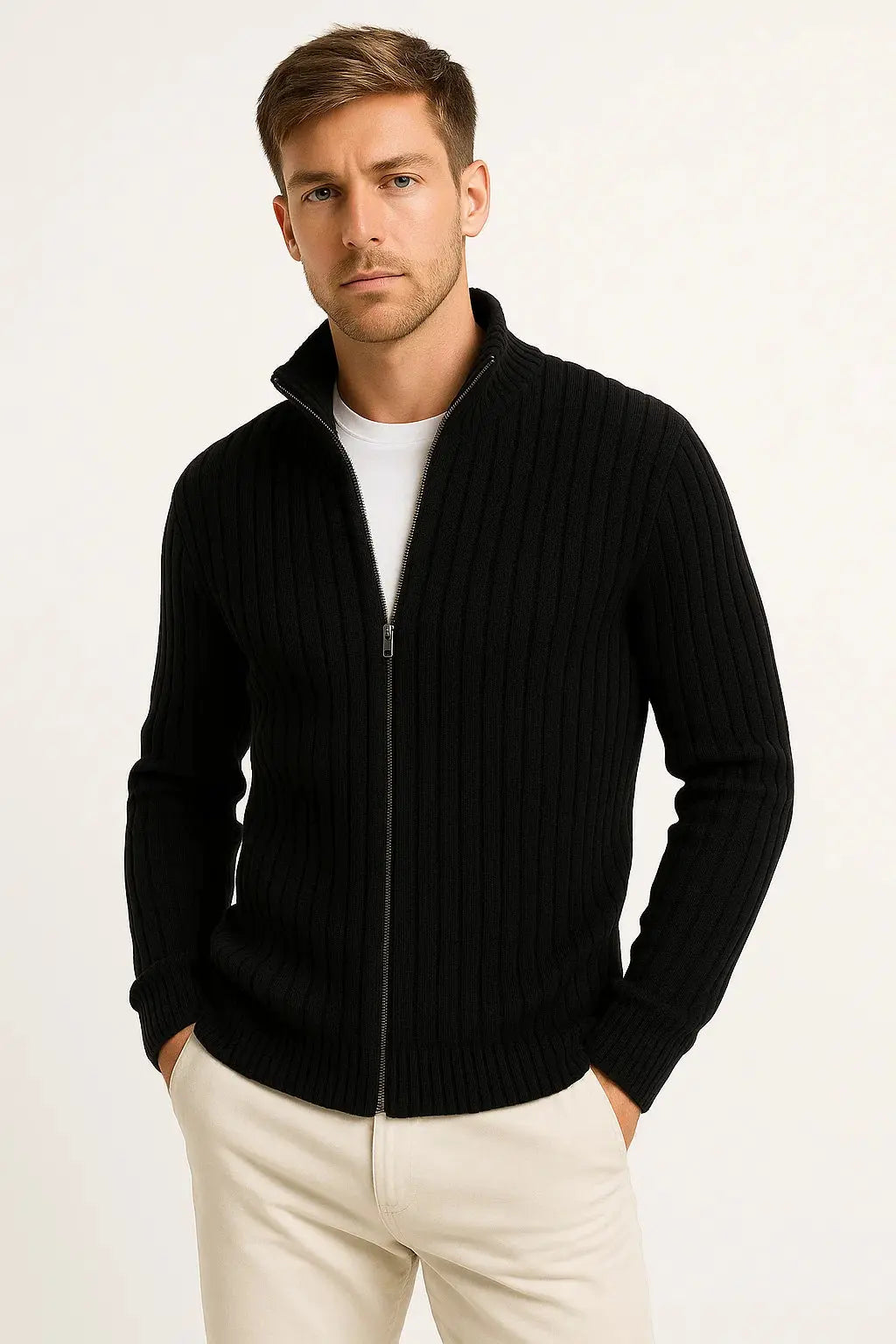 Men's black ribbed knit zip cardigan with stand collar, premium knit texture and timeless smart casual style by ILYNORA