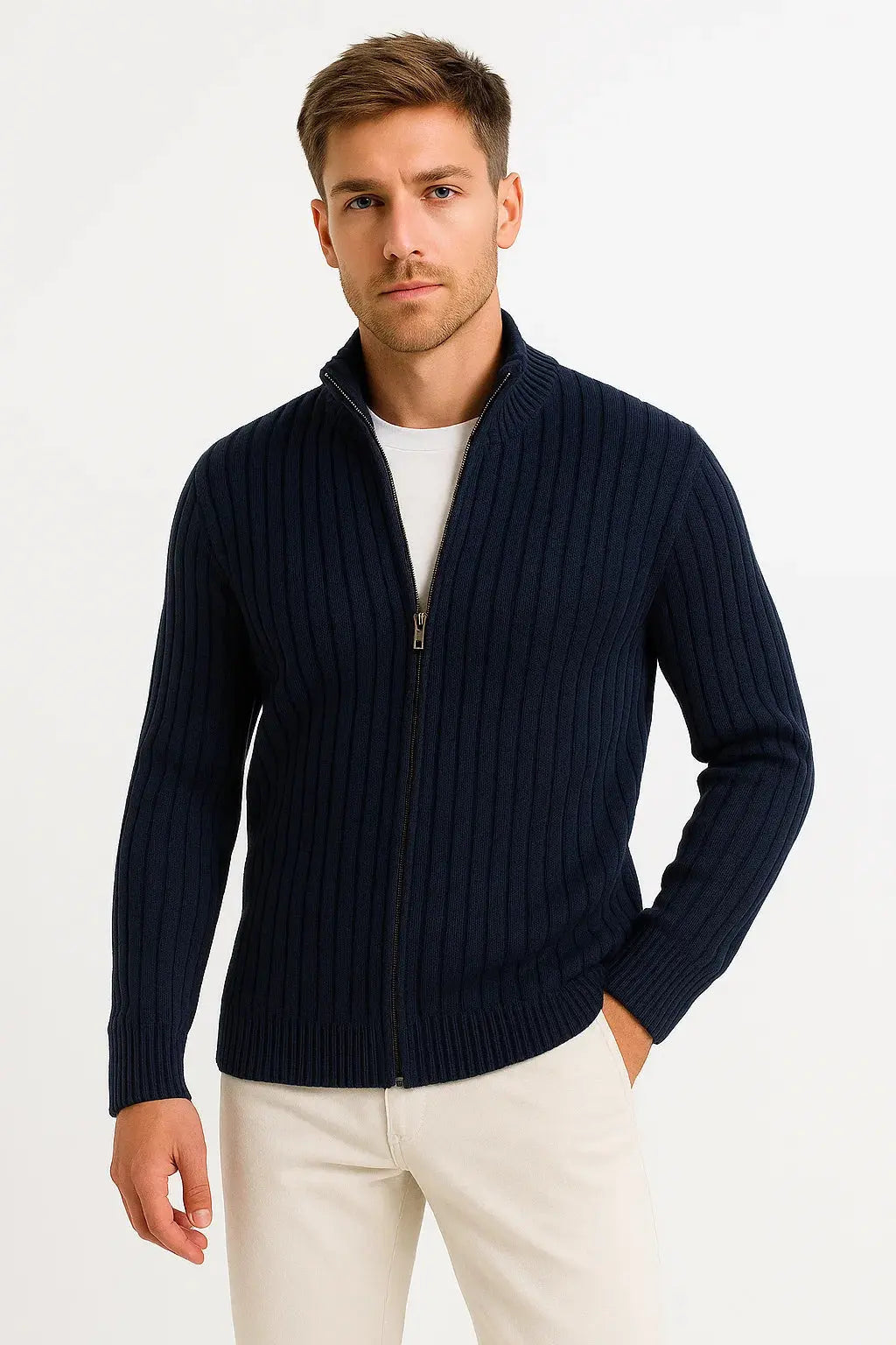 Men's navy blue ribbed knit zip cardigan with stand collar, premium textured knit and refined smart casual styling by ILYNORA