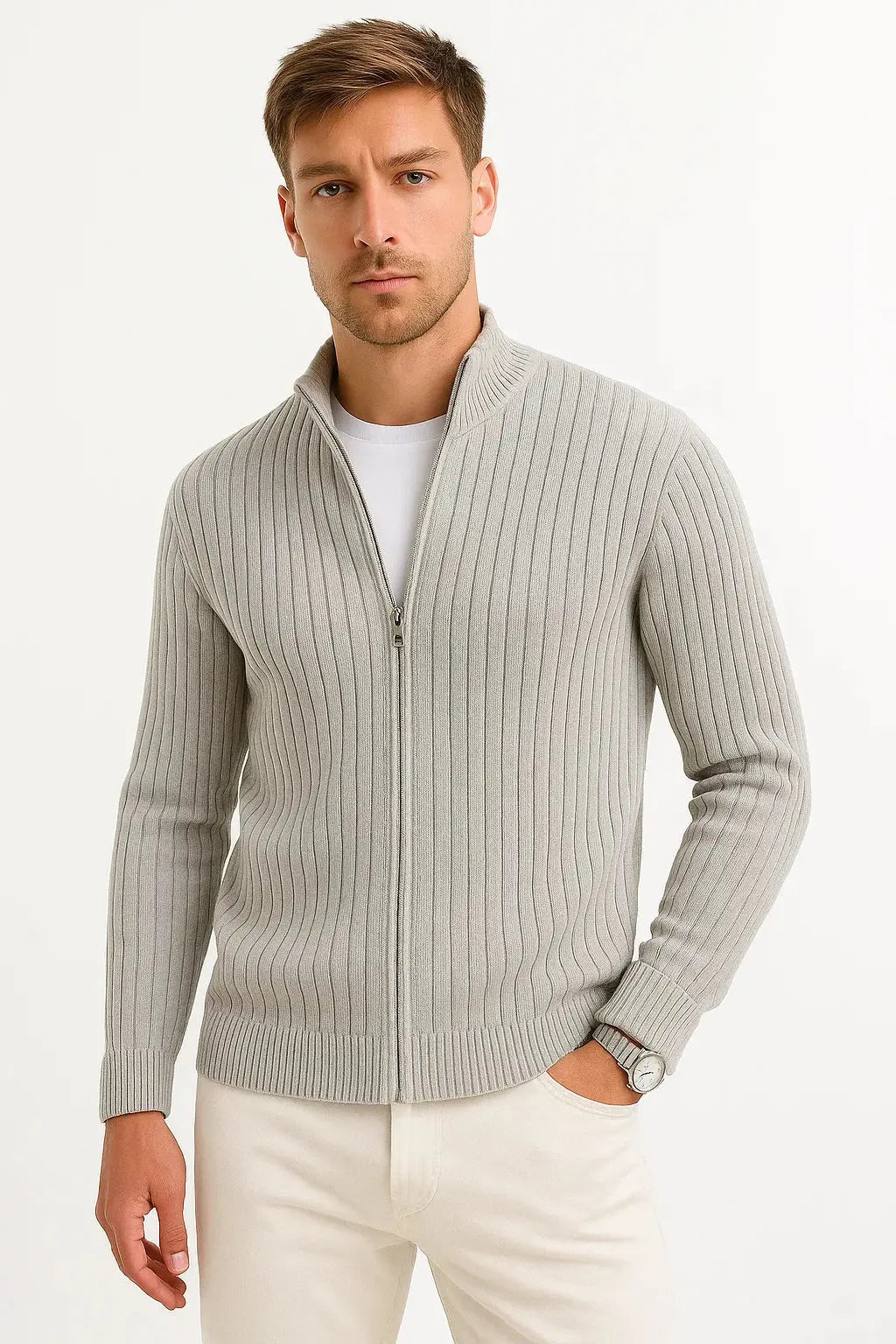 Men's grey ribbed knit zip cardigan with stand collar, full zip fastening and soft textured knit for smart casual layering by ILYNORA
