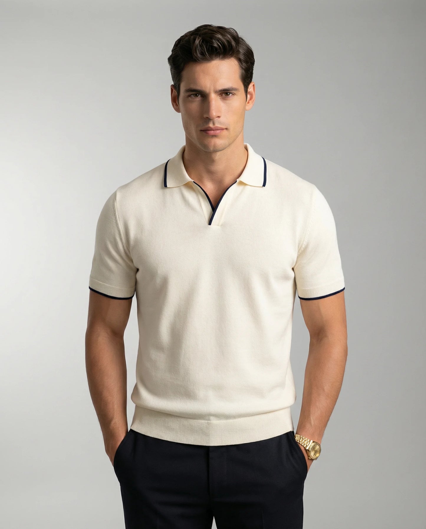 Beige slim fit polo shirt for men by Ilynora, front view with tailored fit and classic collar
