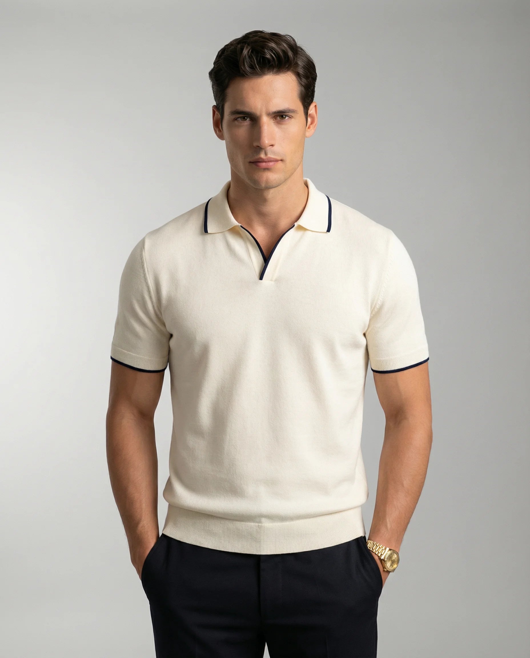 Beige slim fit polo shirt for men by Ilynora, front view with tailored fit and classic collar

