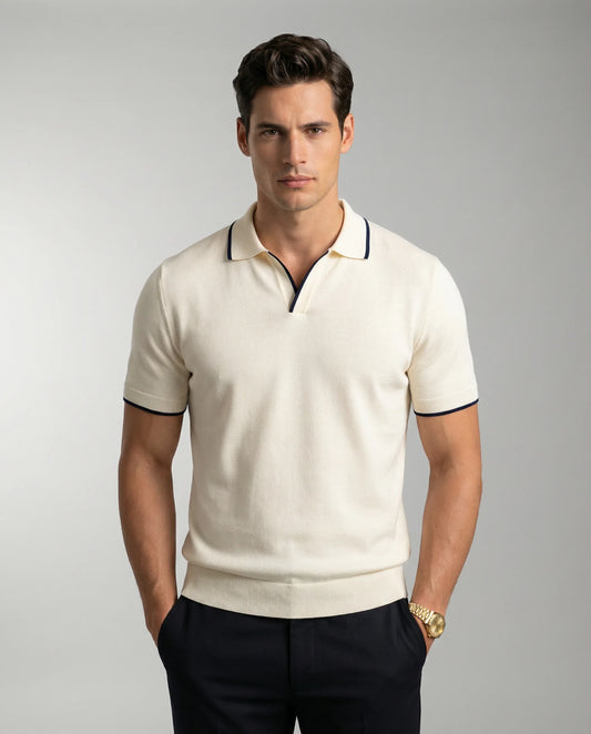 Beige slim fit polo shirt for men by Ilynora, front view with tailored fit and classic collar
