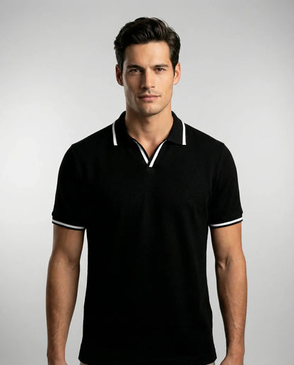 Black slim fit polo shirt for men by Ilynora, front view with fitted silhouette and modern style