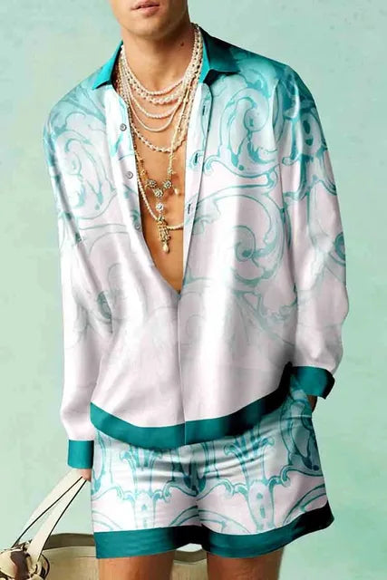 Men's Tropical Print Shirt and Shorts Set