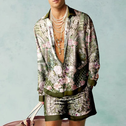 Men's Tropical Print Shirt and Shorts Set