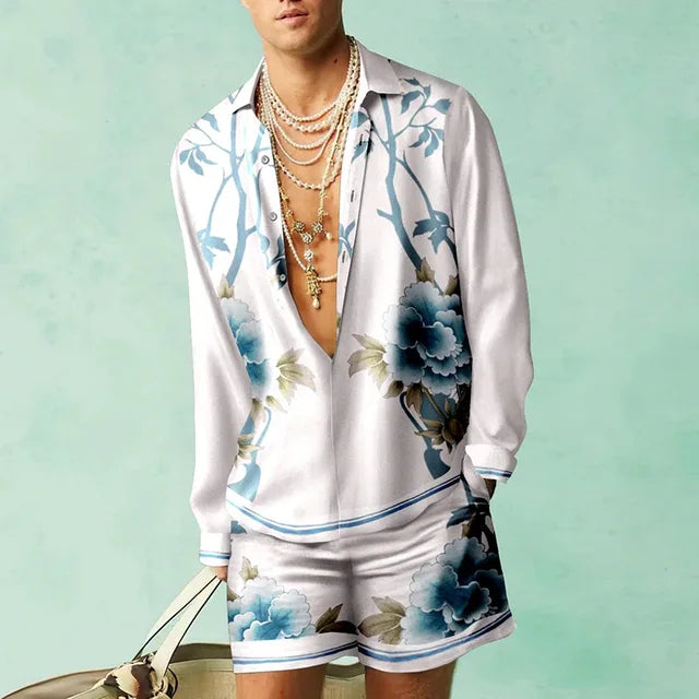 Men's Tropical Print Shirt and Shorts Set