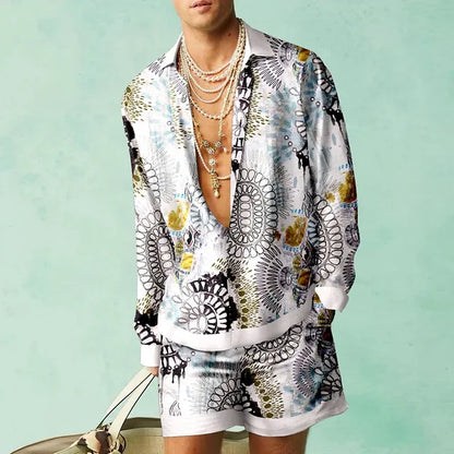 Men's Tropical Print Shirt and Shorts Set